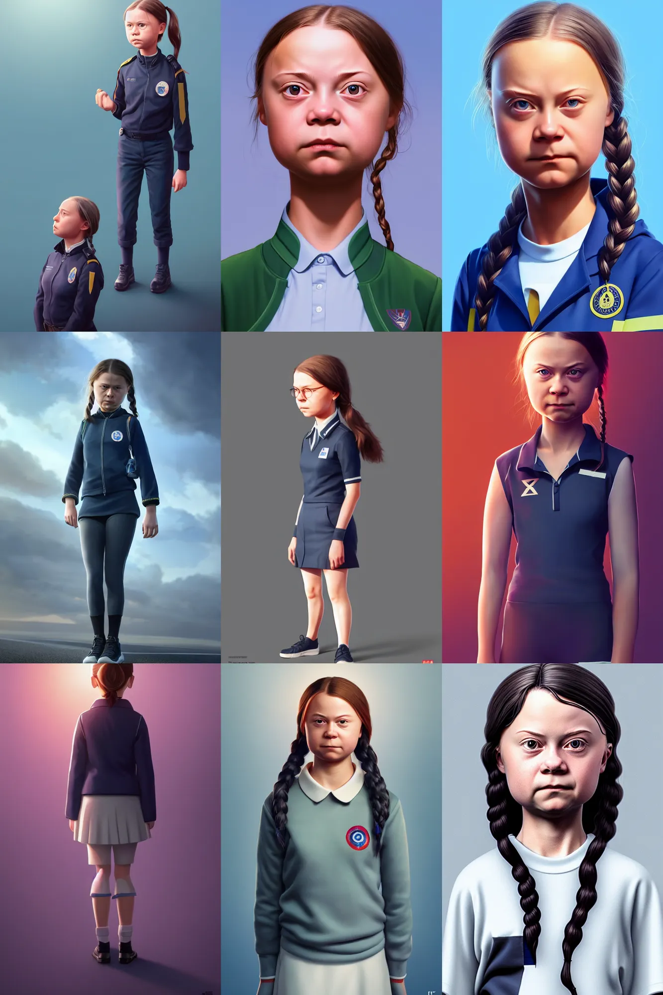 Prompt: Greta Thunberg dressed in tightly fitting uniform, highly detailed, sharp focus, smooth, octane render, 8k, volumetric lighting, digital art by Ilya Kuvshinov and Ross Tran, artstation