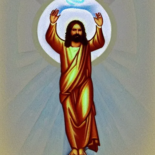 Prompt: Jesus Christ in light form, walking on a road
