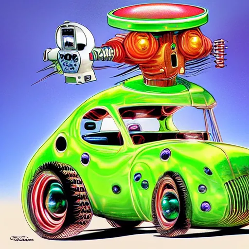 Image similar to the queen of robots, digital painting masterpiece, by ed roth and denys cowan and rockin jelly bean