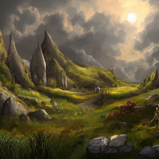 Image similar to medieval fantasy meadow landscape, digital art, trending on artstation, cartoon style, 4k, hd