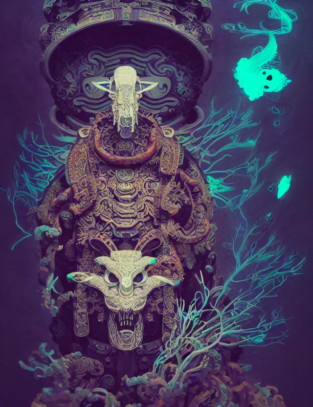 Image similar to 3 d liminal space abandoned temple frontal portrait with ram skull. beautiful intricately detailed japanese crow kitsune mask and clasical japanese kimono. betta fish, jellyfish phoenix, bio luminescent, plasma, ice, water, wind, creature, artwork by tooth wu and wlop and beeple and greg rutkowski