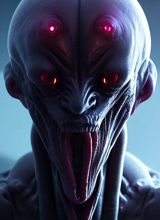 Image similar to portrait of a space alien, varying detailed skin, octane render, piercing glowing eyes, realistic render, detailed, ugly, slimy unreal engine, symmetrical!!, greg rutkowski and ruan jia, cinematic