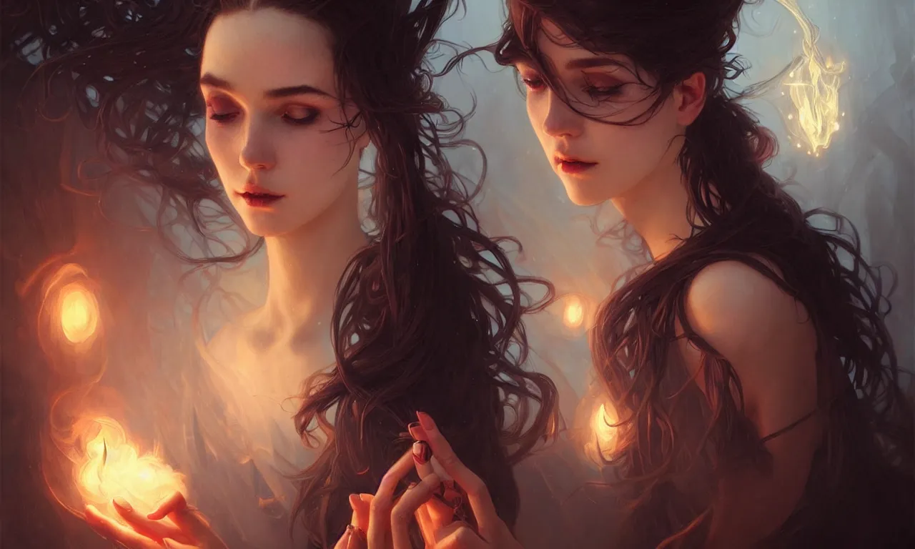 Image similar to A smoking witch closeup filled background around face, fantasy magic, undercut hairstyle, dark light night, intricate, elegant, sharp focus, illustration, highly detailed, digital painting, concept art, matte, art by WLOP and Artgerm and Greg Rutkowski and Alphonse Mucha, masterpiece