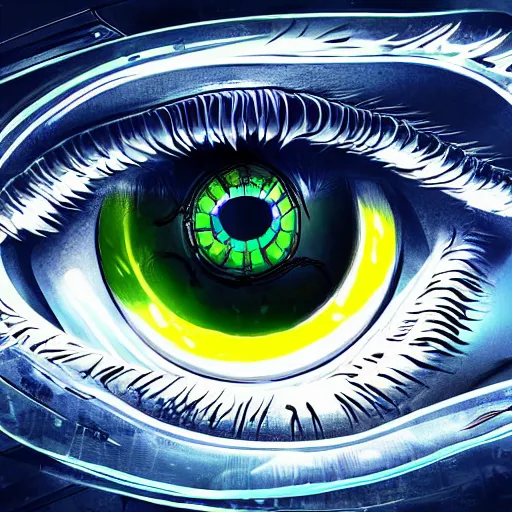 Image similar to cybernetic wolf eye, futuristic, cyberpunk, digital illustration, photo - realistic, macro, extremely detailed, vivid, neon, dramatic lighting, intricate details