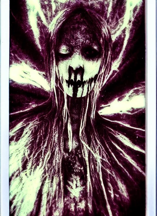 Prompt: gothic soul - spirit with galaxy dead eyes, random decor of necro blast, psycho colors veins, realistic flavor, twisted sorrow fade soft, polaroid 3 0 0