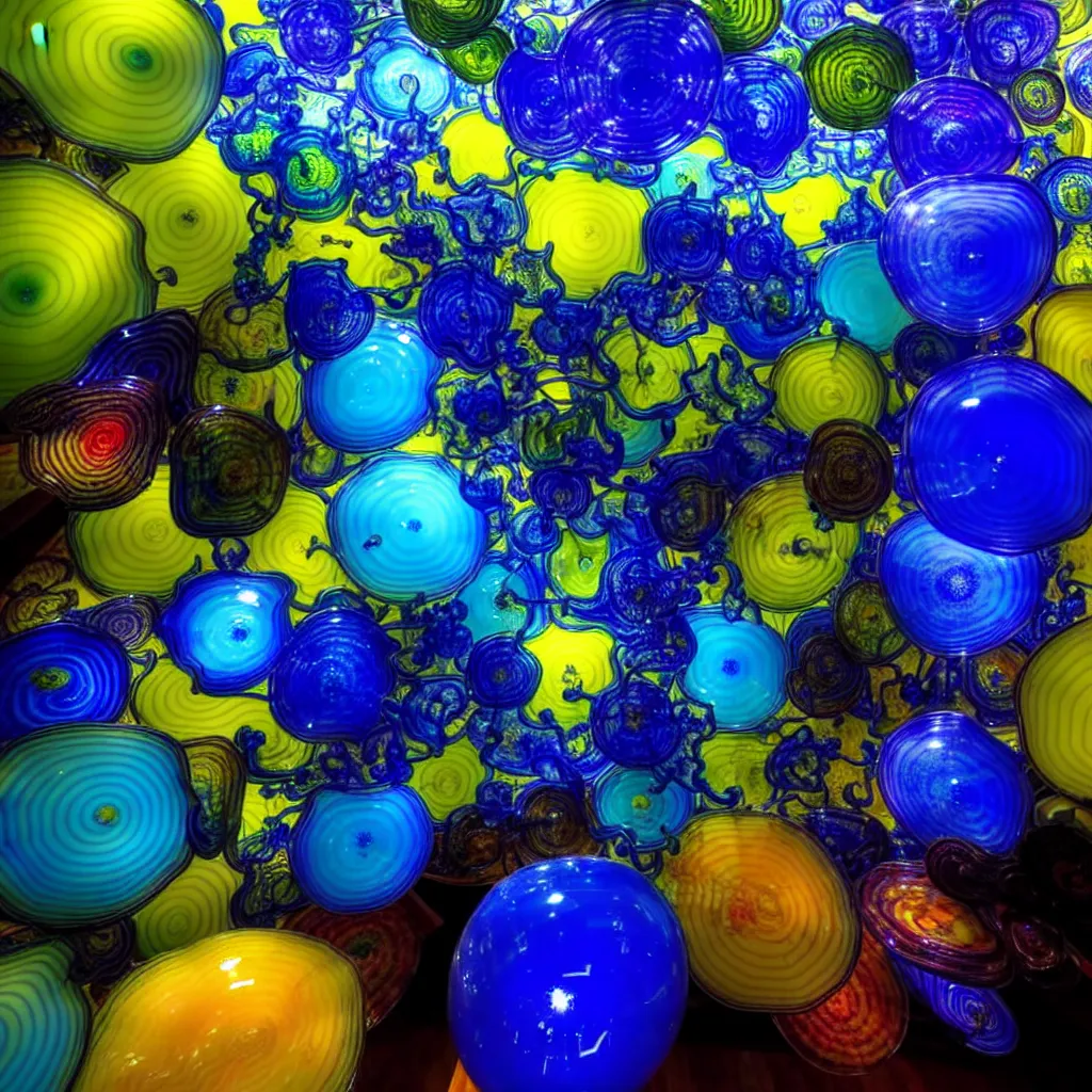 Prompt: a room made of glass in style of dale chihuly. a man is trapped in a glass ovoid prison. the man stares at the viewer with eyes full of pensive regret. the glass is 1 2 8 shades of blue