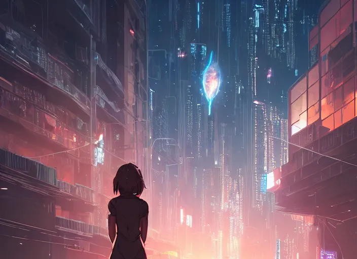 Image similar to girl staring at a meteorite hitting a floating cyberpunk city at night by wlop, key visual, high detail, digital art