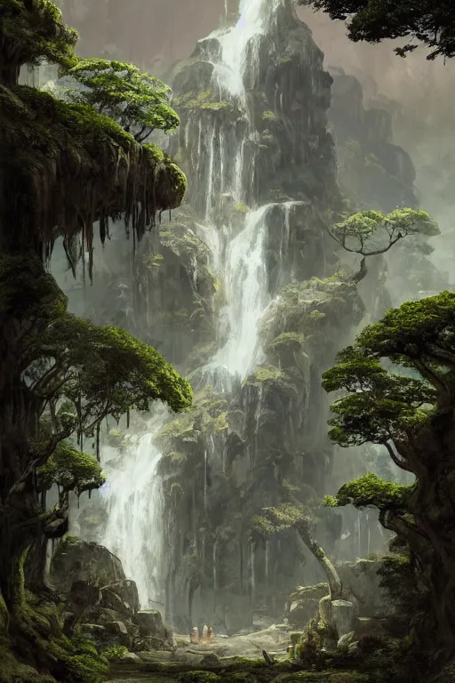 Prompt: carved into the Rock a citadel-temple above a waterfall , gnarly trees, lush vegetation, forrest, a small stream runs beneath the waterfall, landscape, raphael lacoste, eddie mendoza, alex ross, concept art, matte painting, highly detailed, rule of thirds, dynamic lighting, cinematic, detailed, denoised, centerd