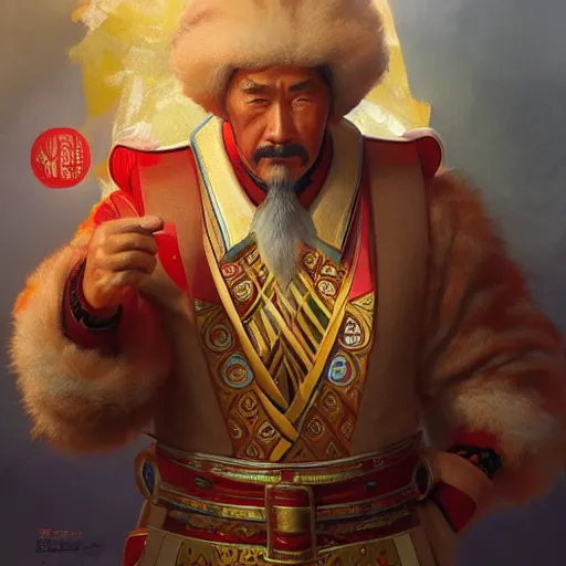 Prompt: genghis khan as a kentucky fried chicken restaurant manager, intricate, highly detailed, digital painting, artstation, concept art, smooth, sharp focus, illustration, unreal engine 5, 8 k, art by artgerm and greg rutkowski and alphonse mucha