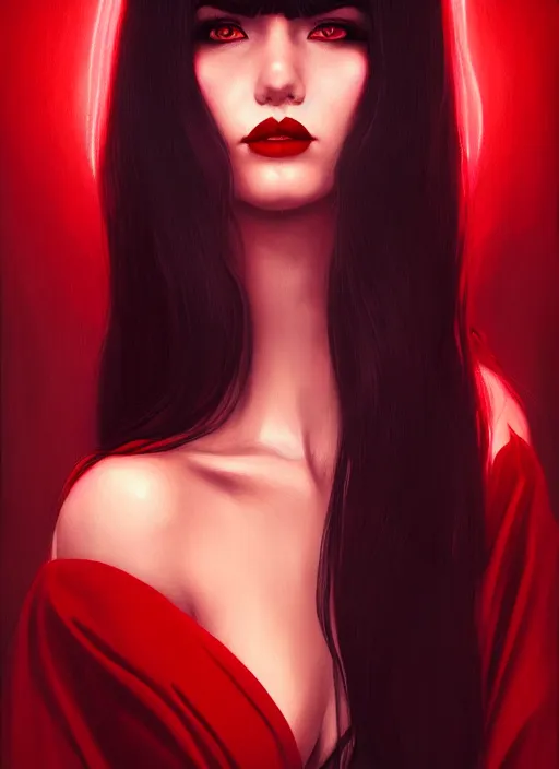 Image similar to portrait of vampire veronica lodge with bangs, vampire fangs, vampire, long hair, red clothes, bangs, vampironica, intricate, elegant, glowing lights, highly detailed, digital painting, artstation, concept art, smooth, sharp focus, illustration, art by wlop, mars ravelo and greg rutkowski