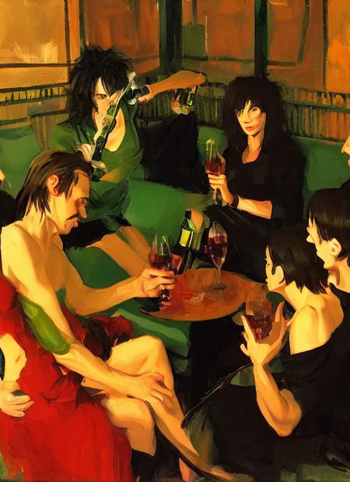 Image similar to glam rocker drinking brutal and raw wine with their friends, inside a green room with red lights, renaissance painting, joaquin sorolla, makoto shinkai, phil hale, extremely detailed