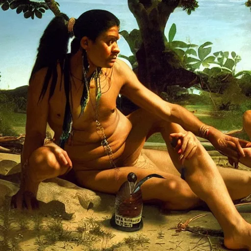 Image similar to beautiful oil matte portrait painting, amazon indigenous tribe leader finding a plastic bottle at the shore, wonderful masterpiece highly detailed, beautiful cinematic light deep focus, elegant, digital painting, smooth, sharp focus, golden ratio, dramatic illumination, ultra realistic, 8 k, art by artemisia lomi gentileschi and caravaggio