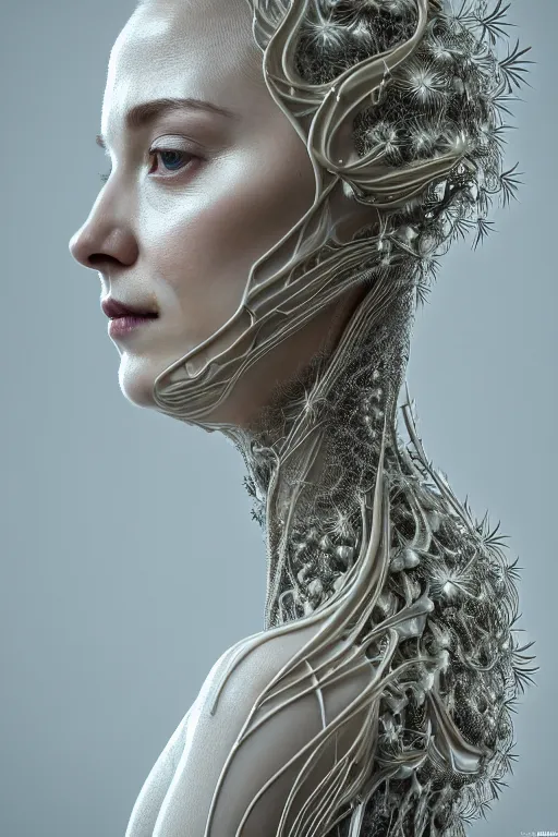 Prompt: intricate hyper detailed ultra sharp 3 d render of a beautiful porcelain biomechanical woman profile portrait, large pore fungi embroidered, rays of shimmering light, cyberpunk art nouveau, haute couture alexander mcqueen silver leaves stems dahlia transparent fractal dandelion yellow pistil filigree roots, octane render, volumetric cinematic lighting, 8 k post - production