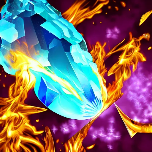 Image similar to crystal gem on fire, digital art, highly detailed, sharp focus