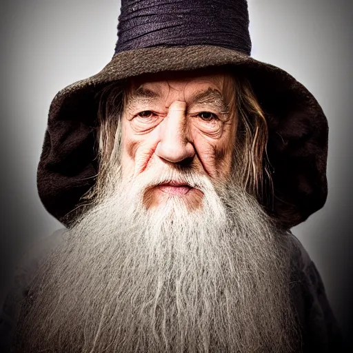 Image similar to a closeup studio photographic portrait of gandalf smoking a joint, studio lighting