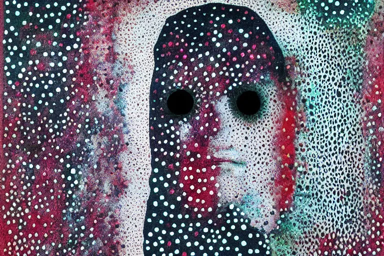 Image similar to face made out of worry, faceless people dark, dots, drip, stipple, pointillism, technical, abstract, minimal, style of francis bacon, asymmetry, pulled apart, cloak, hooded figure, made of dots, abstract, balaclava, colored dots