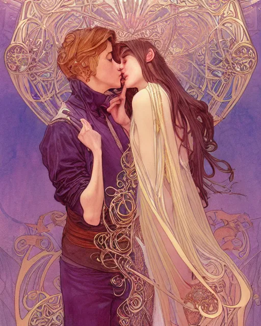 Image similar to secret romance, highly detailed, very intricate, art nouveau, gold filigree, romantic storybook fantasy, soft cinematic lighting, award - winning, disney concept art watercolor illustration by mandy jurgens and alphonse mucha and alena aenami, pastel color palette, featured on artstation