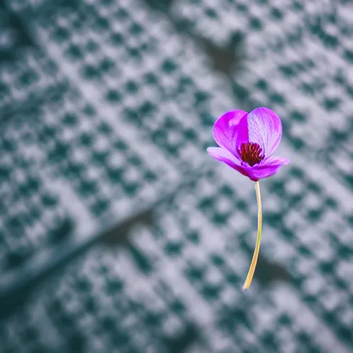 Image similar to closeup photo of 1 lone purple petal flying above a city park, aerial view, shallow depth of field, cinematic, 8 0 mm, f 1. 8