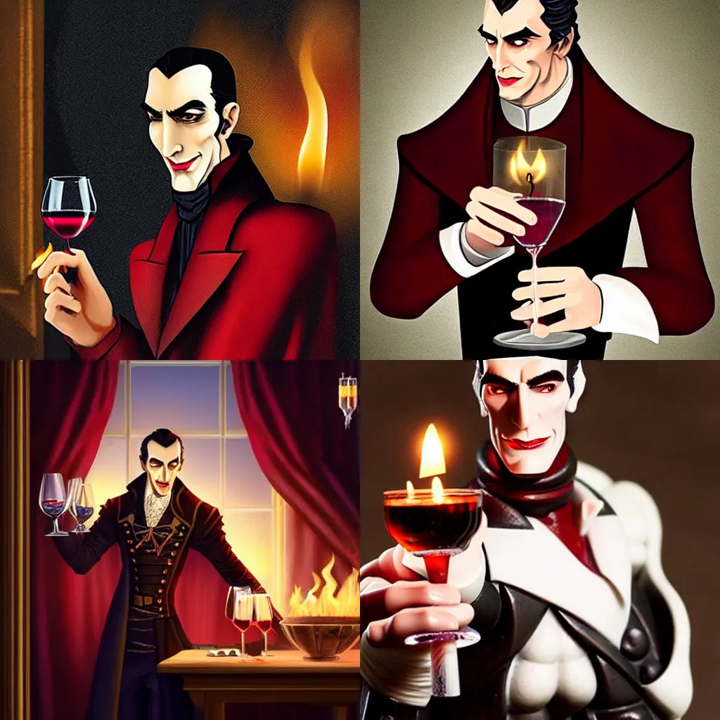 Prompt: strahd von zarovich holding a glass of red wine and a lit match, realistic, grim