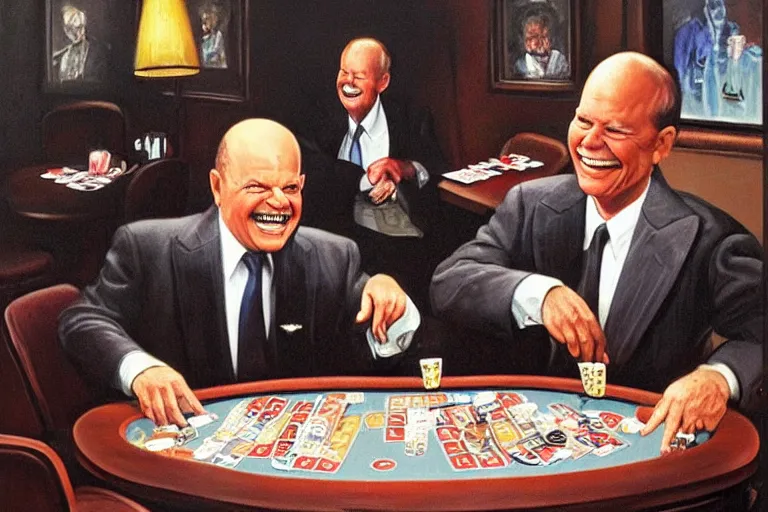 Prompt: don rickles and 1993 johnny carson are laughing and playing poker in a smoky old pub, oil painting by wilson mclean, sharp focus, masterpiece, highly detailed