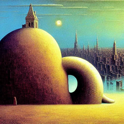 Image similar to a giant holy snail stands over a city painting by beksinski, barlowe colors. masterpiece painting