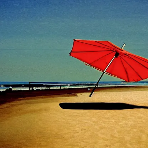 Prompt: a beach and surf lifesaving club, empty, single parasol, by jeffrey smart