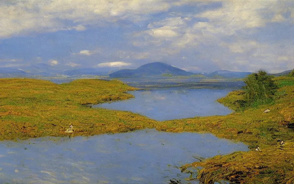 Image similar to a painting of large lake in norway, spring, oil on canvas, by peder severin kroyer