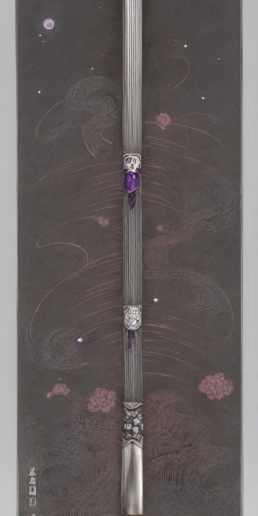 Image similar to a katana in the style of zdzisław beksinski, elegant, silver and amethyst inlay, flower motif, weapon on display, night sky