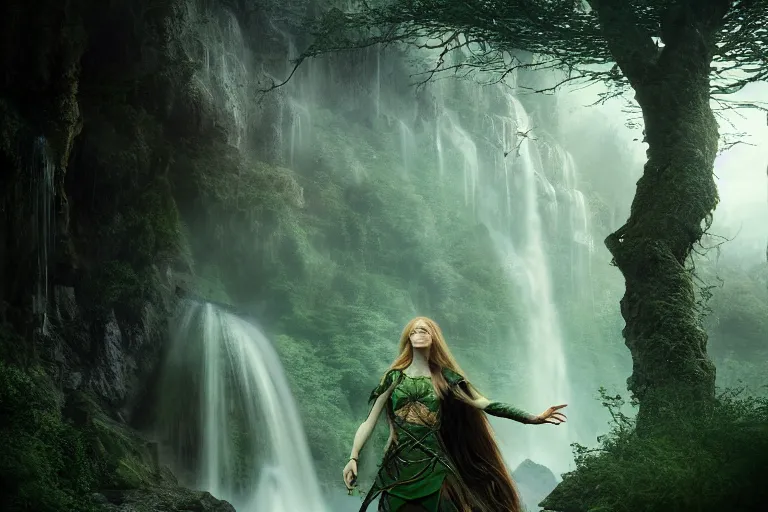 Image similar to an ultra realistic, cinematic, fantasy, headshot portrait, of an elden ring elf, fairy lights, facial features, background of a vast serene landscape, with trees and waterfalls, detailed, deep focus, movie still, dramatic lighting, ray tracing, by michal karcz and yoshitaka amano