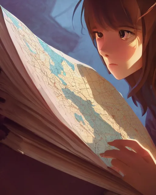 Image similar to a girl reading a map, full shot, atmospheric lighting, detailed face, by makoto shinkai, stanley artger m lau, wlop, rossdraws, james jean, andrei riabovitchev, marc simonetti, krenz c