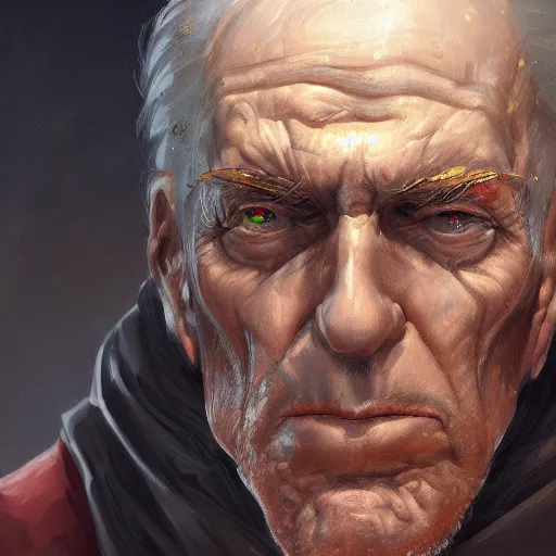 Prompt: a painted portrait of a tall old man with red eyes in a golden suit, D&D, sci-fi, elegant, hopeful, muscular, highly detailed, digital painting, artstation, concept art, smooth, sharp focus, illustration