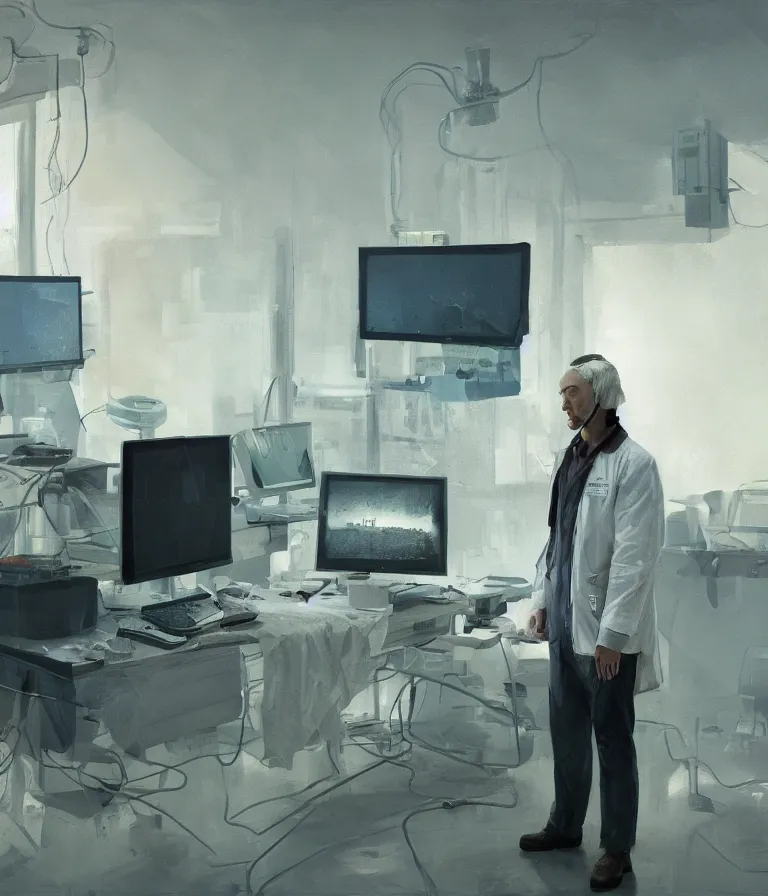 Image similar to a cloes up portrait of a researcher in a white coat in front of a computer and screens in a painting from stalenhag, 4 k, 8 k, hdr, artstation