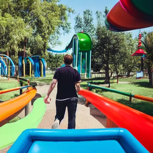 Prompt: A bearded man walks through a funpark