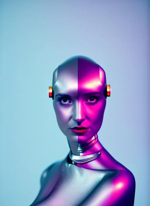 Prompt: kodak portra 4 0 0 of a gorgeous cross between a woman and robot, award winning, in style of tim walker, 1 5 0 mm, f 1. 2, volumetric light, coloured gel studio light, unreal engine 5, 8 k