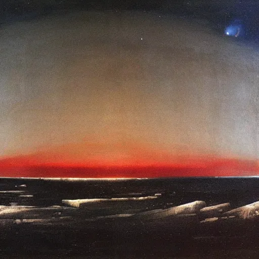 Image similar to the epic abstract painting'blue arctic void with black and red aurora borealis above the black monolith ', by caspar david friedrich!!!, by rothko!!!, stunning masterpiece, trending on artstation