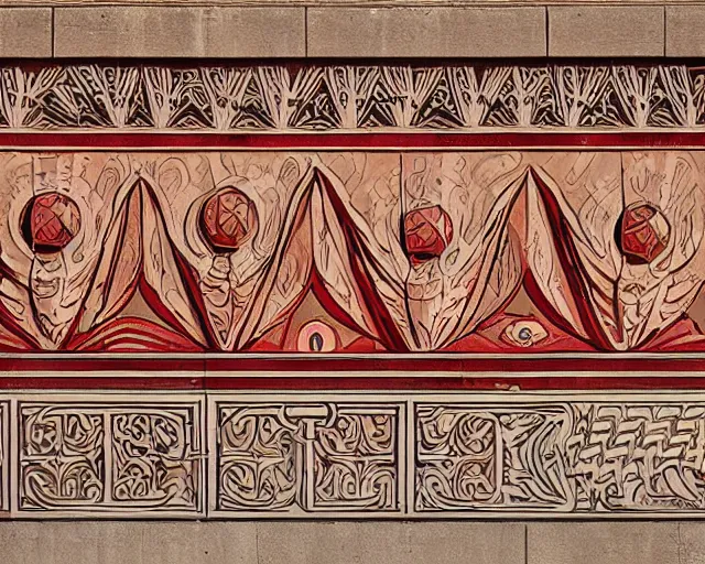 Image similar to mural from the early 1 9 0 0 s in the style of art nouveau, red curtains, art nouveau design elements, art nouveau ornament, brick wall, opera house architectural elements, mucha, masonic symbols, masonic lodge, joseph maria olbrich, simple, iconic, masonic art, masterpiece