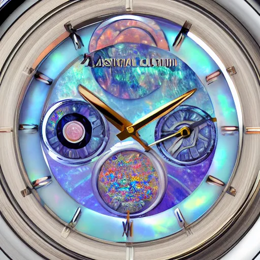 Image similar to detailed illustration of celestial watch from the far future with 3 7 descending dials and multiple glowing watch faces, mother of pearl opal, year 2 5 0 0, style of norman rockwell