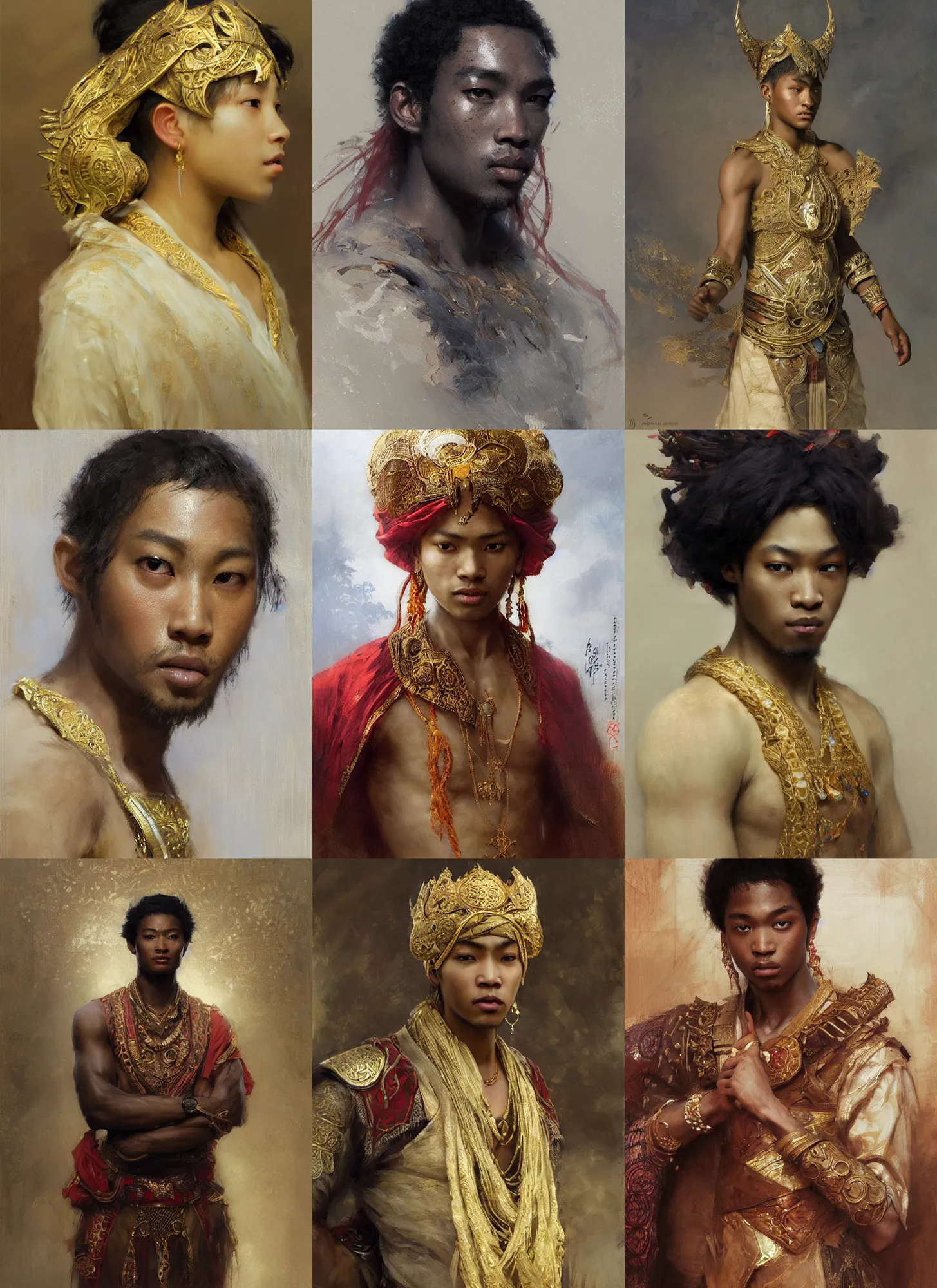 Prompt: african-asian prince, intricate, elegant, highly detailed, artstation, concept art, sharp focus, ruan jia, jurgens, orientalism, bouguereau