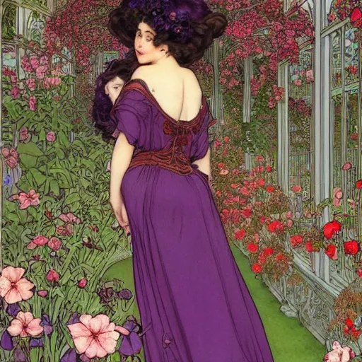 Prompt: a stunning matte portrait of a thicc and voluptuous purple haired elf queen wearing a floor length red dress walking through a flowering garden, greenhouse in the background, intricate, elegant, highly detailed, digital painting, artstation, sharp focus, illustration, art by rebecca guay and arthur rackham and alphonse mucha and john william waterhouse, pixv