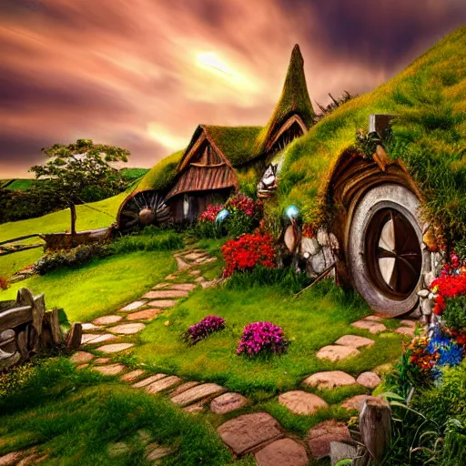 Image similar to hobbiton landscape with huge jewels all around, fantasy, rock, high detail