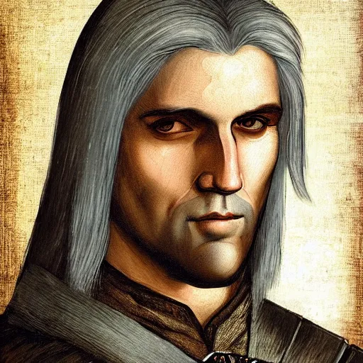 Image similar to Geralt of Rivia, Portrait, Paiting, in the style LeonardoDaVinci,