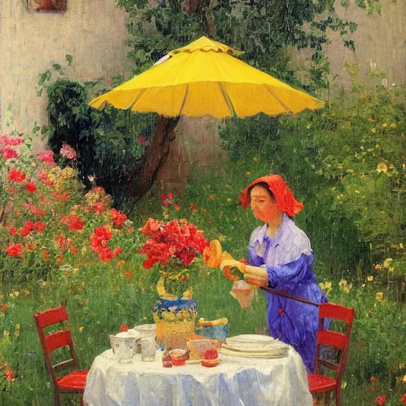 Image similar to a housewife and her daughter putting dishes on a table in the backyard, a tilted parasol sits above the table, a garden with colorful flowers in the background, rainy scene, cozy 1 9 5 0's, medium symmetry, by ilya repin, extreme detail, 8 k, intricate abstract, photorealistic