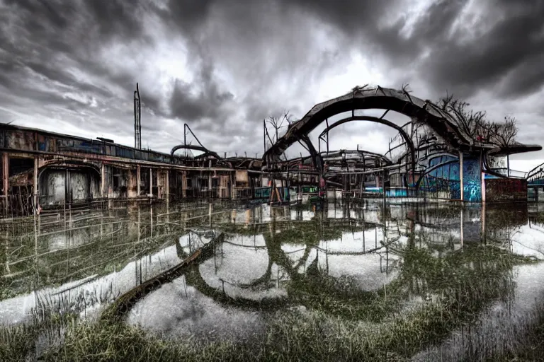 Image similar to creepy and wet abandoned waterpark, professional photography, highly detailed, sharp focus, hdr, 8 k, hd, trending on pexels, by marc adamus