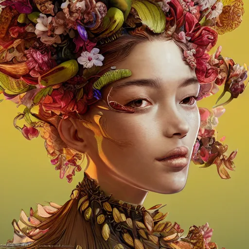 Image similar to the portrait of an absurdly beautiful, graceful, elegant young woman made of bananas and petals looking up, an ultrafine detailed illustration by kim jung gi, irakli nadar, intricate linework, bright colors, octopath traveler, final fantasy, angular, unreal engine 5 highly rendered, global illumination, radiant light, detailed and intricate environment