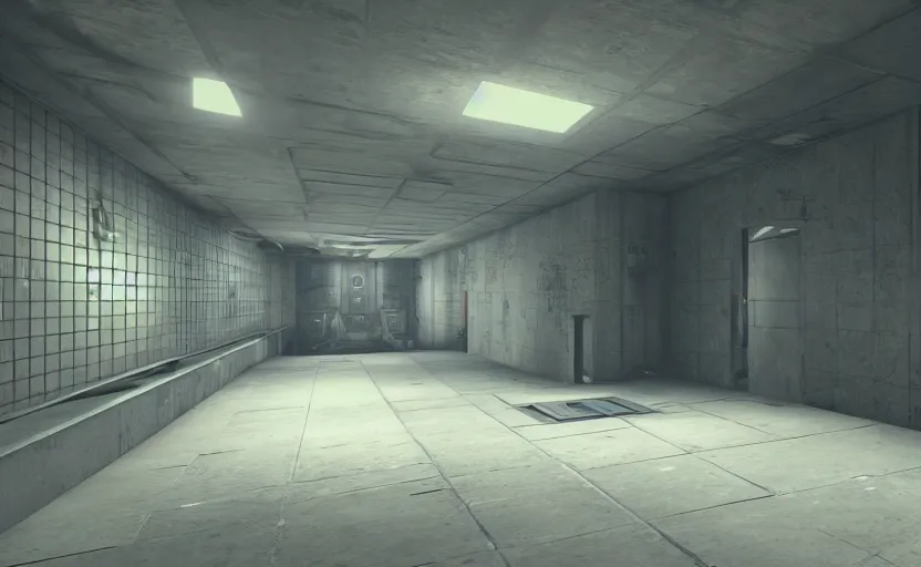 Prompt: in - game screenshot of a first person shooter on unreal engine 5, narrow modern hallways of a secret government facility, photorealistic, liminal, brutalism, minimalism, soft vintage glow