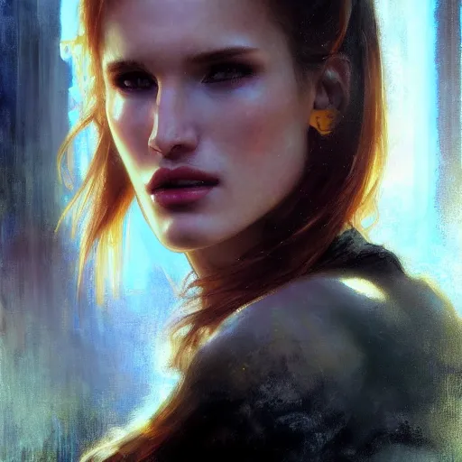 Image similar to bella thorne, hyperrealistic portrait, bladerunner street, art of elysium by frank frazetta and jeremy mann and alphonse mucha, fantasy art, photo realistic, dynamic lighting, artstation, poster, volumetric lighting, very detailed face, 4 k, award winning