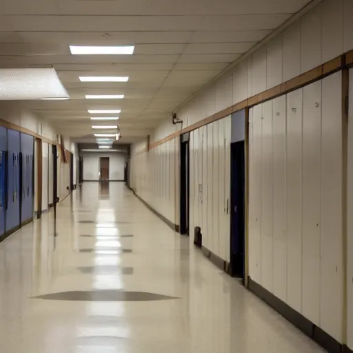 Image similar to the interior of an empty school hallway, small, cramped, dim fluorescent lighting