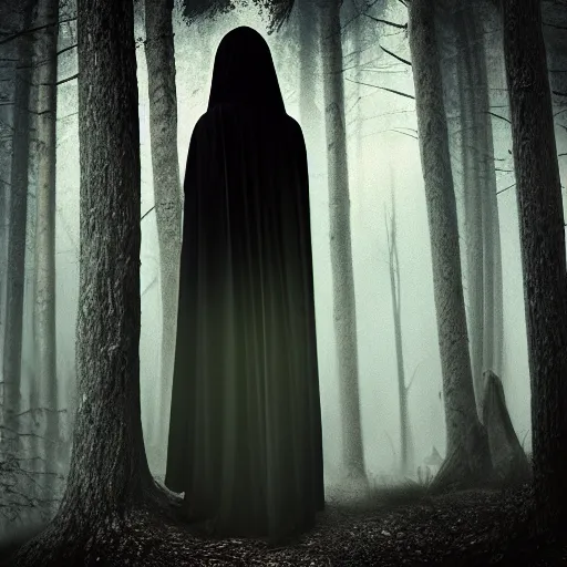 Prompt: a high detailed photo of a lady in a dark cloak suspended in mid air, seen from behind, ancient forest, mist, 35mm, photorealistic, realistic, deviantart, gloomy atmosphere, high definition