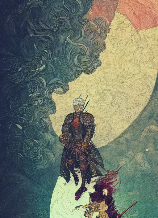 Prompt: beautiful illustration of a white haired knight with a falcon armor, in the style victo ngai and sam guay and moebius, vibrant moody colors, trending on artstation