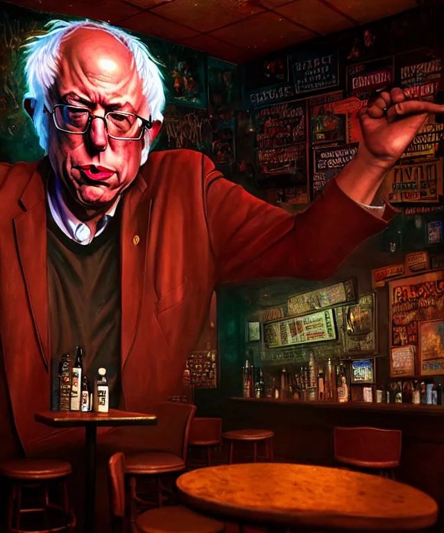 Image similar to hyperrealistic mixed media painting of Bernie Sanders as a crazy drunk, dimly lit dive bar, stunning 3d render inspired art by P. Craig Russell and Barry Windsor-Smith + perfect facial symmetry + dim volumetric lighting, 8k octane beautifully detailed render, post-processing, extremely hyperdetailed, intricate, epic composition, grim yet sparkling atmosphere, cinematic lighting + masterpiece, trending on artstation, very very detailed, masterpiece, stunning